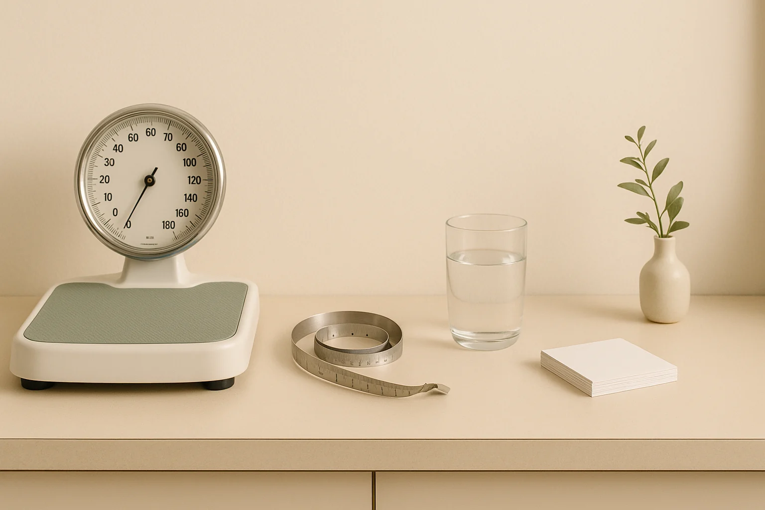 Clean clinic counter still life with a medical scale, tape measure, glass of water and blank cards in soft daylight